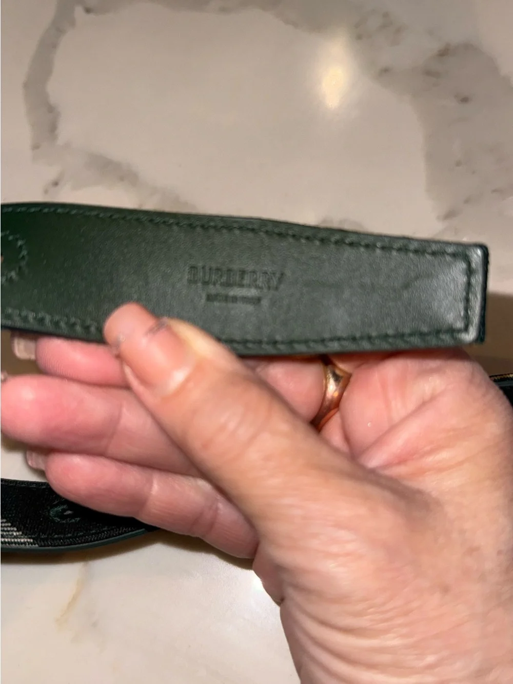 Burberry Dark Green Leather Belt with Embossed Logo